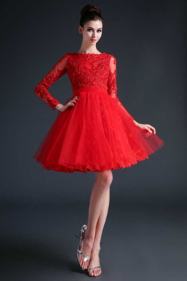 Red Modest Long Sleeves Short Cocktail Prom Dress CC3001