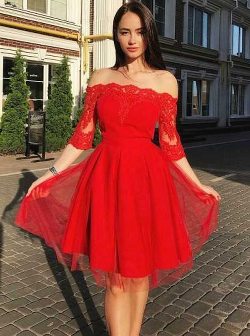 Red Off Shoulder Half Sleeves Homecoming Dresses,A Line Knee ...