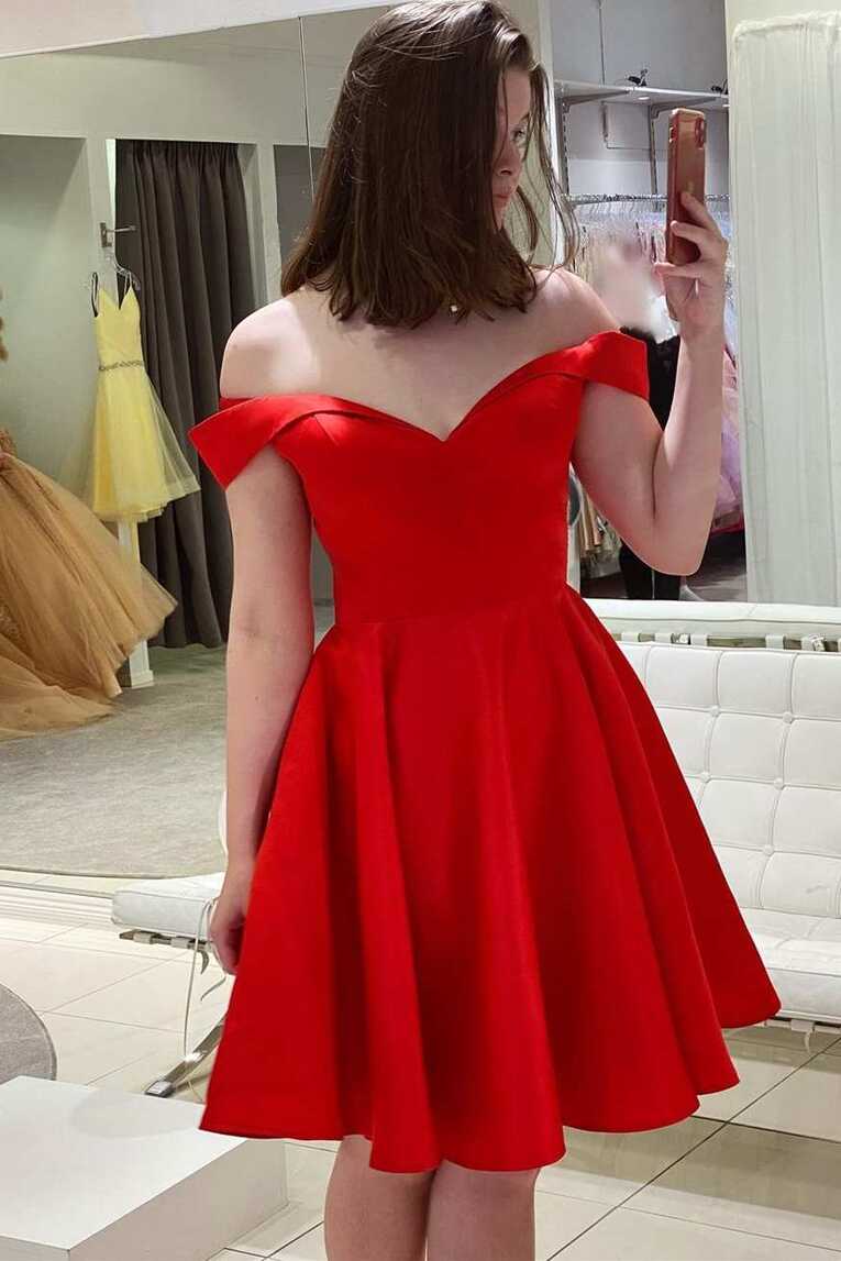 Red Off the Shoulder A-line Short Party Dress – Dreamdressy