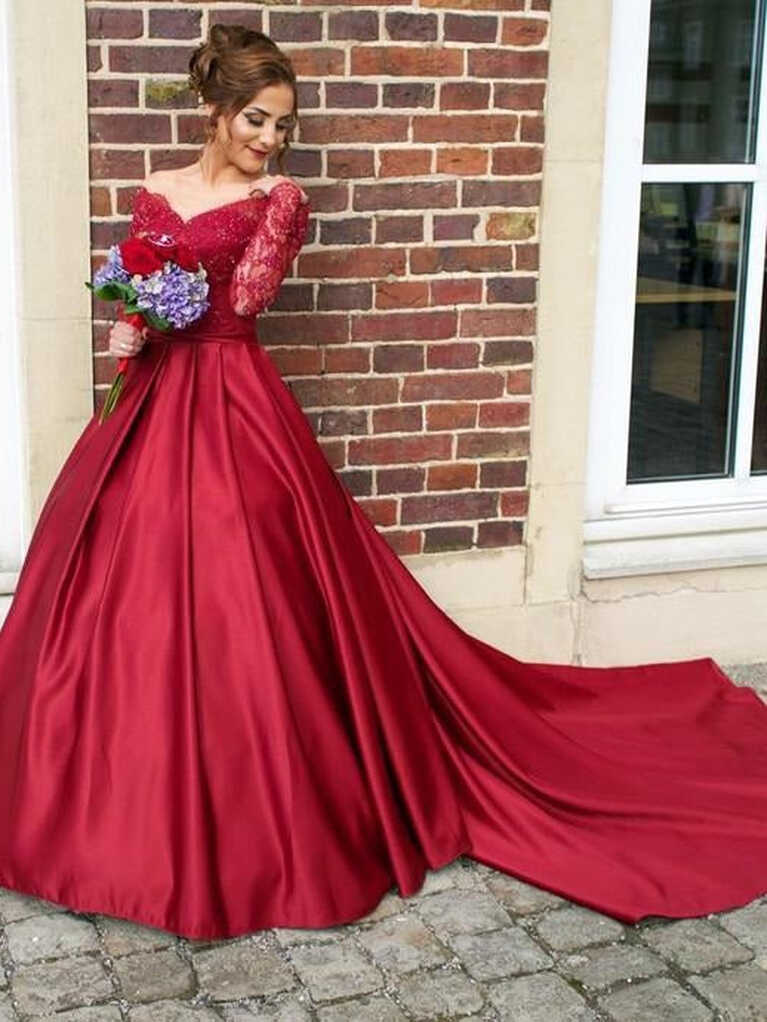 Red Off the Shoulder Lace Top Ball Gown Wedding Dress With Long ...