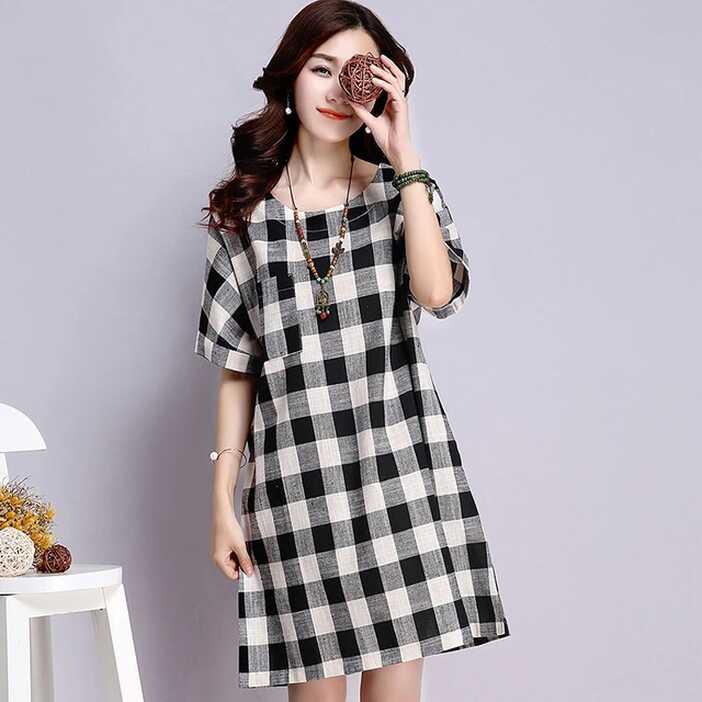 Red Plaid Dress Women Short Sleeve Knee Length Casual Loose Cotton ...