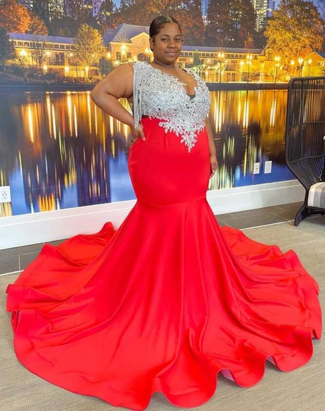 Red Plus Size Prom Dresses For Black Girls Lace Applique Adeican ...