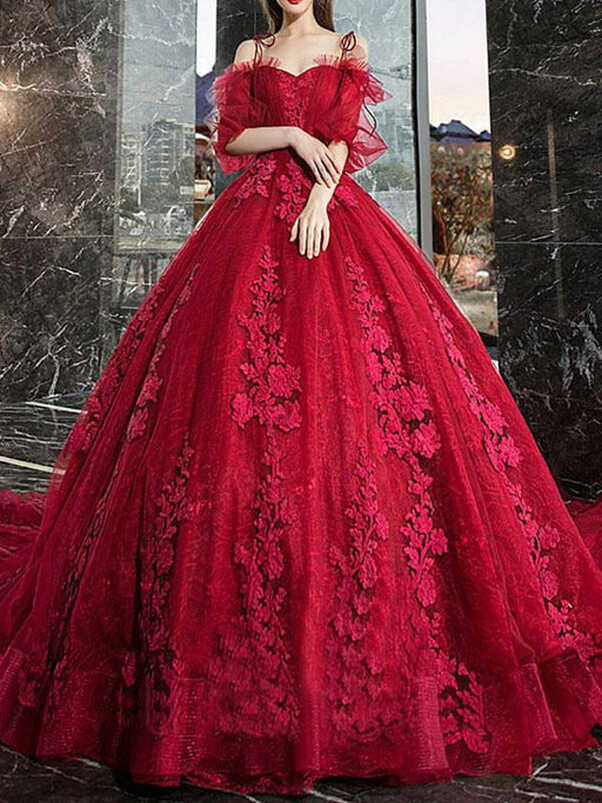 Red Princess Wedding Dresses Tulle Half Sleeves Bridal Gown ...