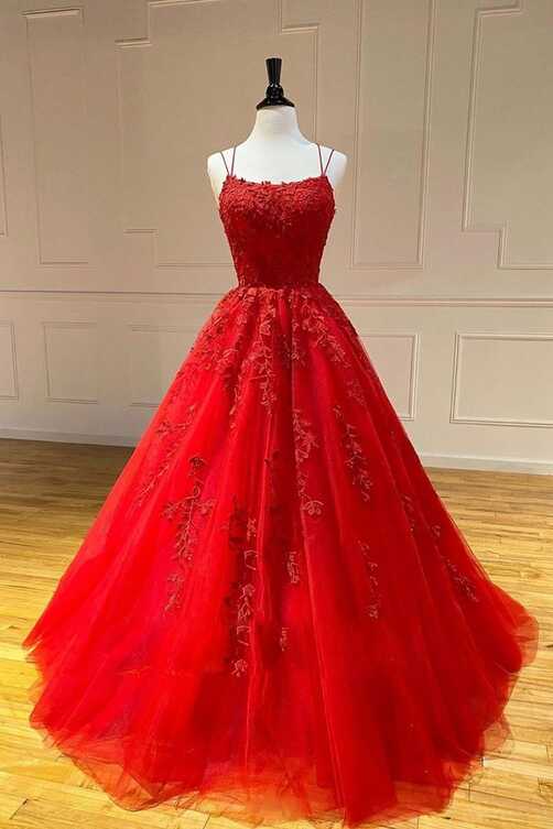 Red Prom Dress, Lace Applique Prom Dress, Boat Neck Prom Dress ...