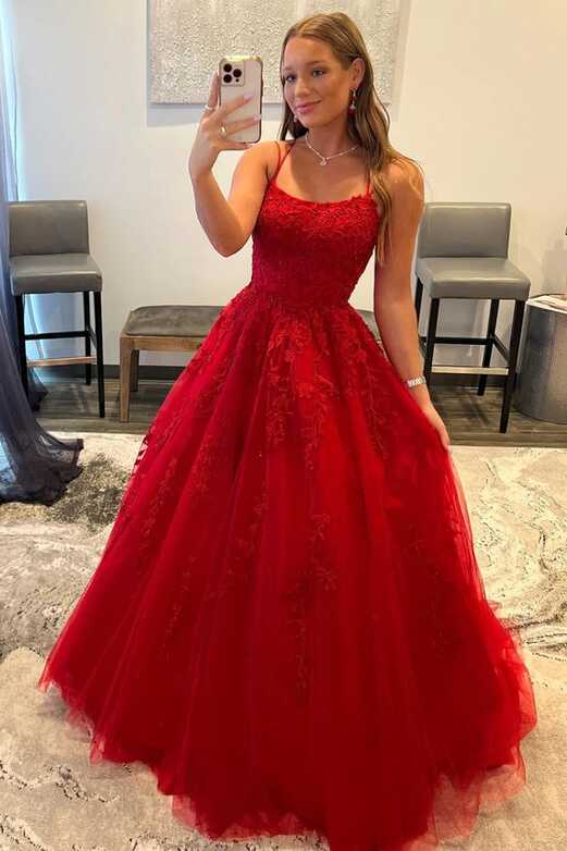 Red Prom Dress 2023 Ball Gown Spaghetti Straps Tulle with Lace ...