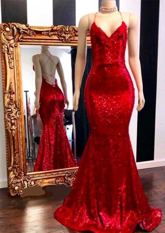 Red Prom Dress 2023 Mermaid/Trumpet Sexy V Neck Spaghetti Straps ...