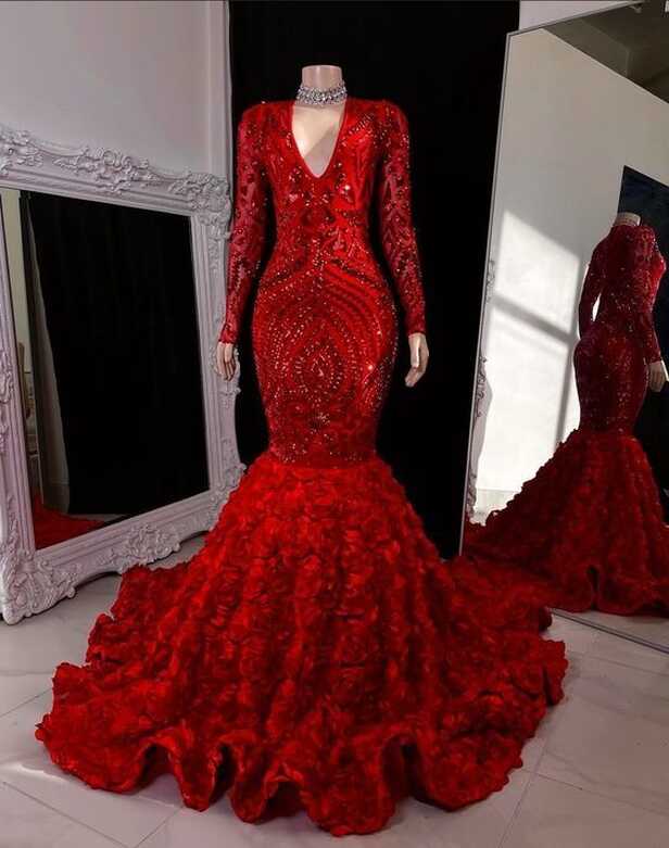 Red Prom Dress 2023 Mermaid/Trumpet V Neck Long Sleeves Sequin ...