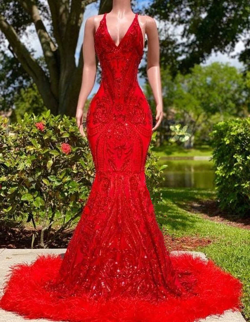 Red Prom Dress 2023 Mermaid/Trumpet V Neck Spaghetti Straps Sequin ...