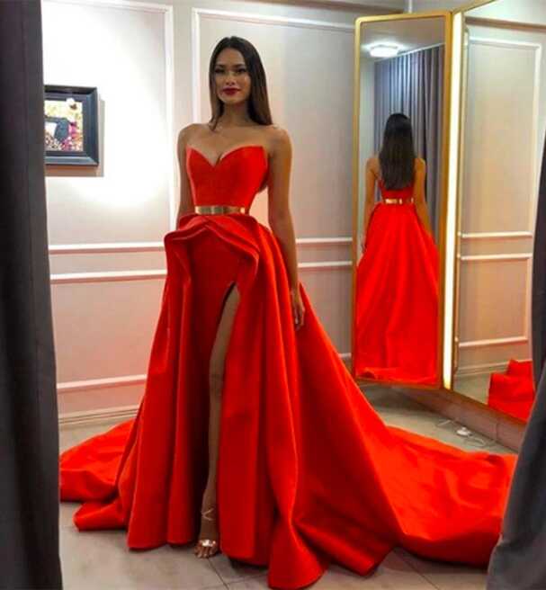 Red Prom Dresses 2022 Sweetheart Neckline Side Slit Ruffle Sexy ...