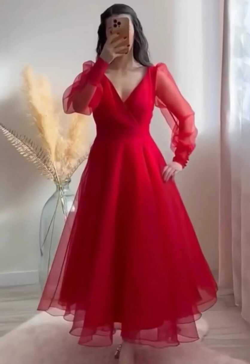 Red Prom Dresses V-Neck Puffy Sleeves A-Line Evening Gown fo