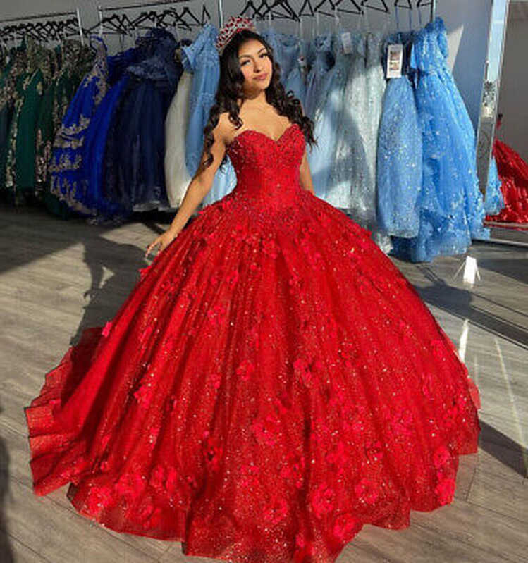 Red Quinceanera Dresses 3D Flowers Glitter Sequins Sweet 15 Prom ...