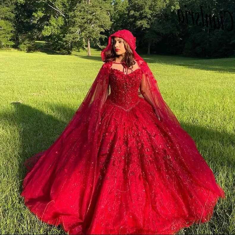 Red Quinceanera Dresses With Cape Flowers Sweetheart Sweet 15 ...