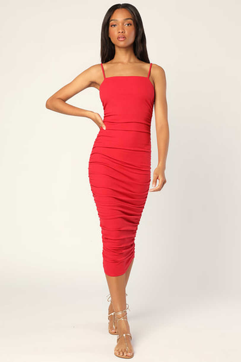 Red Ribbed Midi Dress - Bodycon Dress - Ruched Midi Dress - Lulus