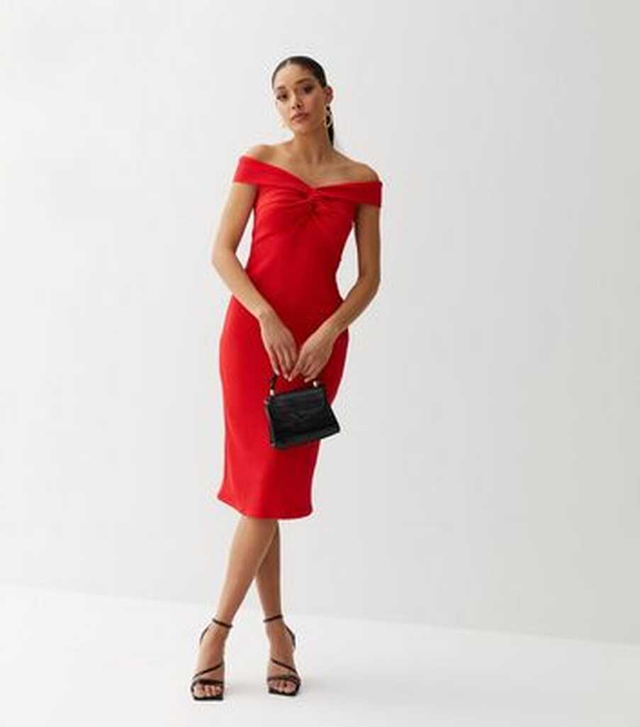 Red Ribbed Twist Bardot Midi Bodycon Dress | New Look