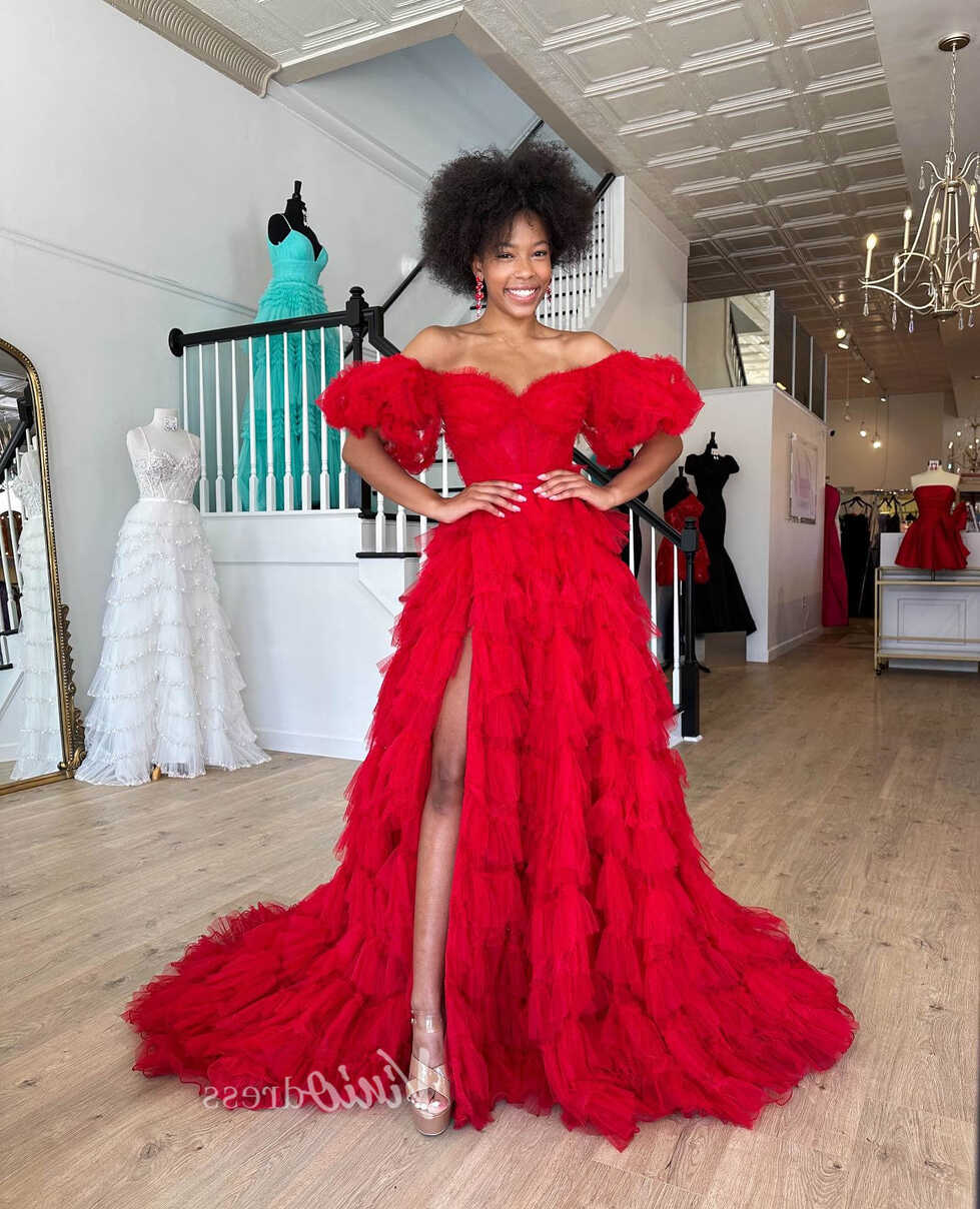 Red Ruffled Tulle Prom Dresses with Slit Tiered Off the Shoulder ...