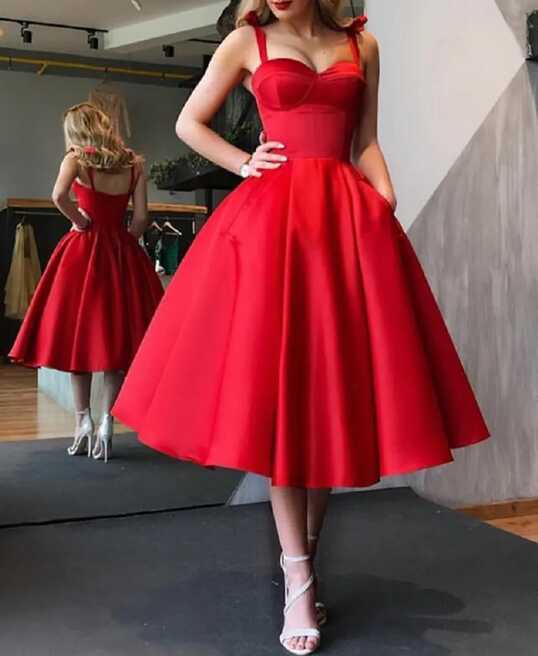 Red Satin A Line Sweetheart Neckline Cocktail Dress Elegant Knee ...