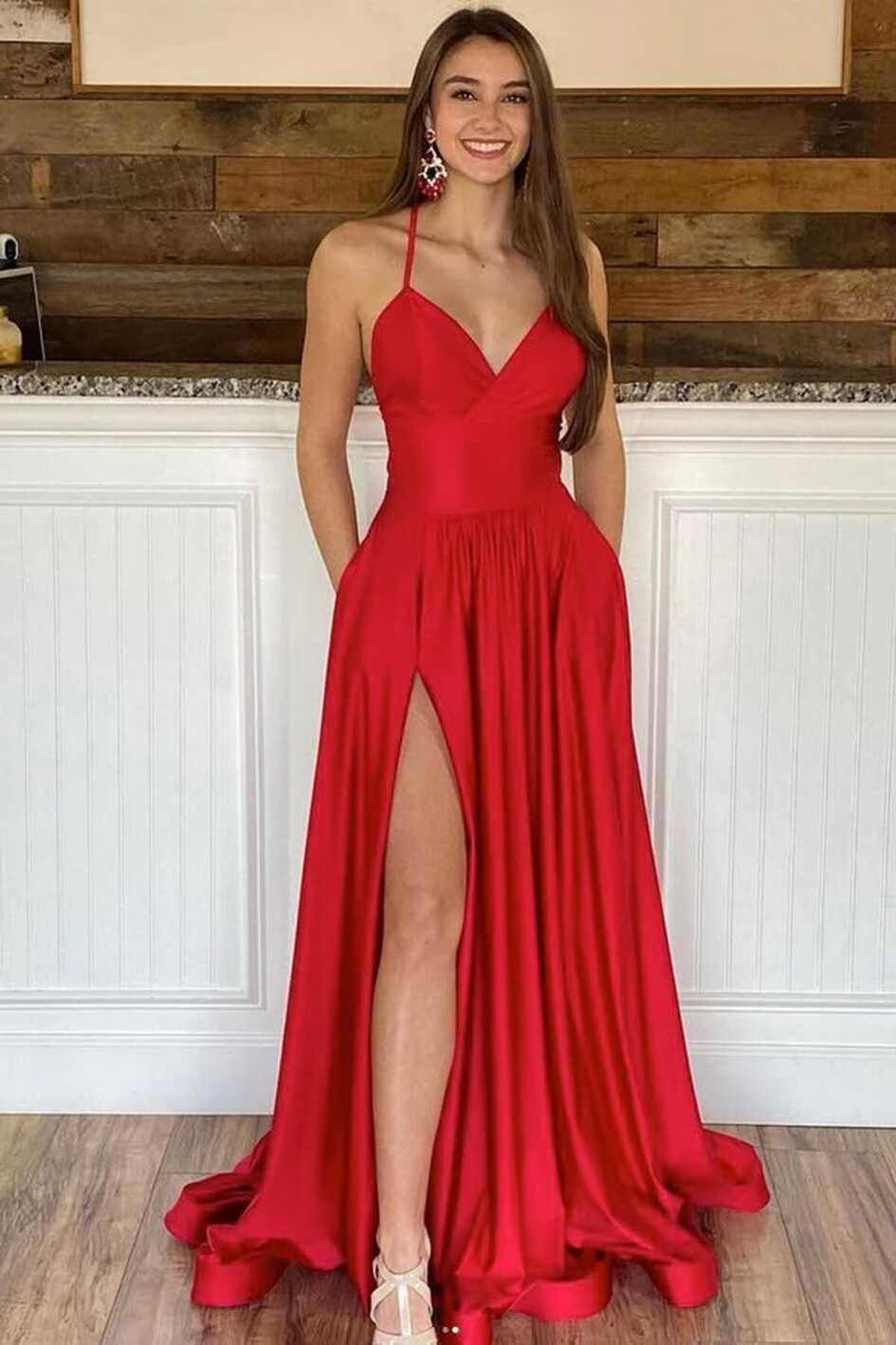 Red Satin A-line V-neck Long Prom Dress With Slit MP813 | Musebridals