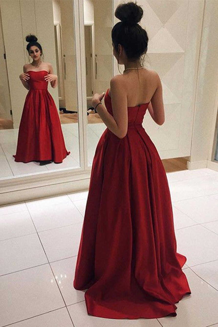 Red Satin Elegant Strapless A Line Evening Gowns Prom Dresses ...