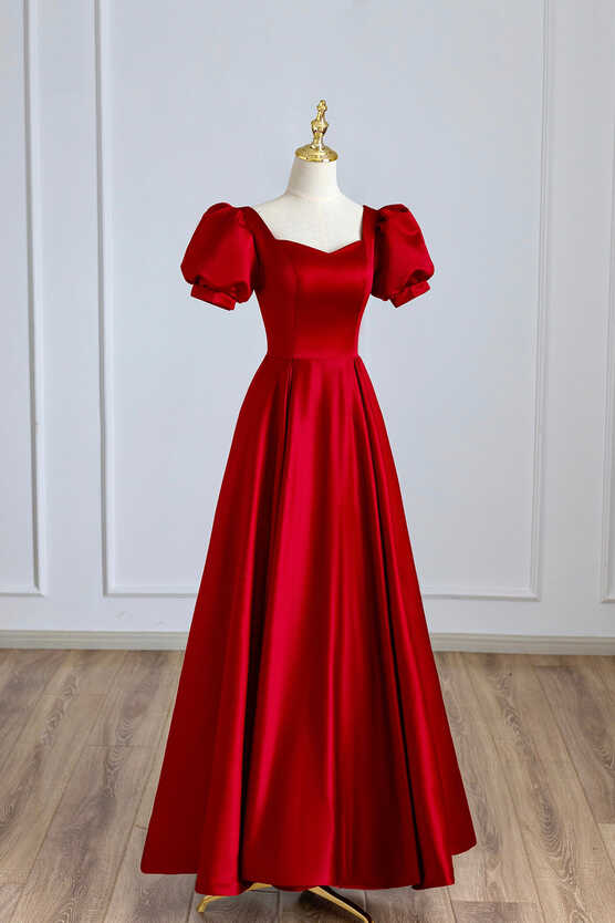 Red Satin Long Prom Dress, Simple A-Line Short Sleeve Evening Party Dr