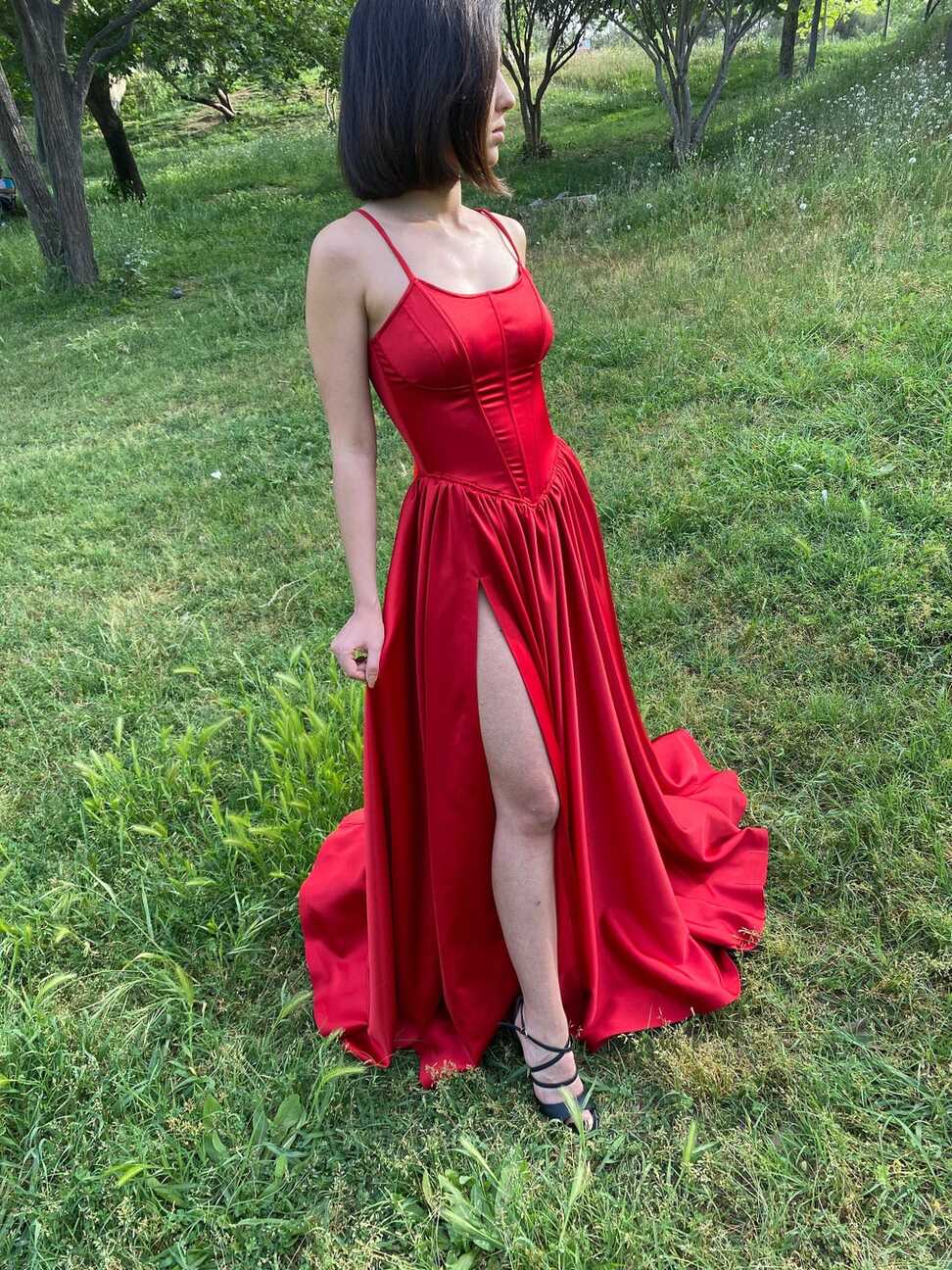 Red Satin Long Slit Corset Dress /red Strappy Corset Dress /long ...