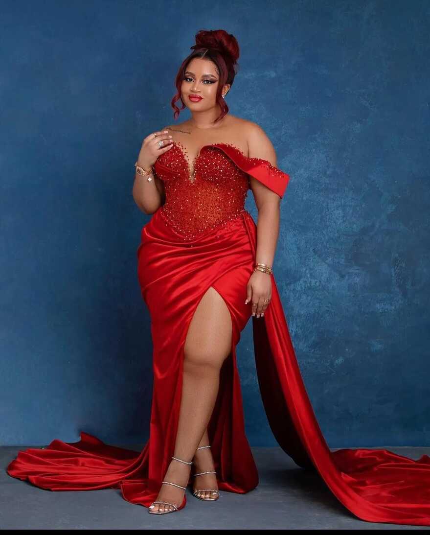 Red Satin Mermaid Red Sparkly Prom Dress For Plus Size Women Sheer ...