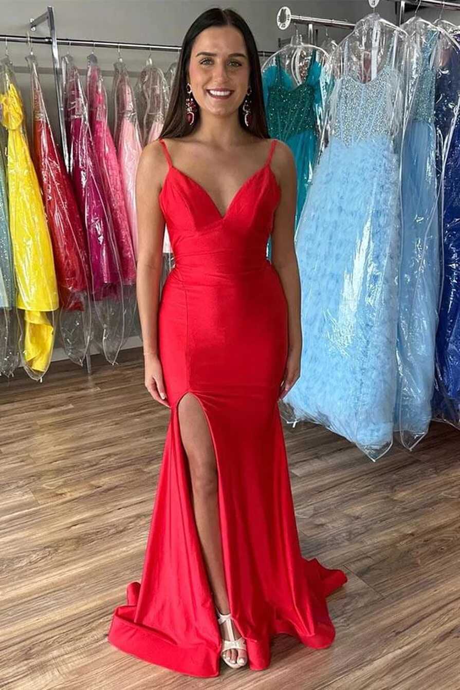 Red Satin Mermaid V-neck Prom Dresses With Slit, MP867 | Musebridals