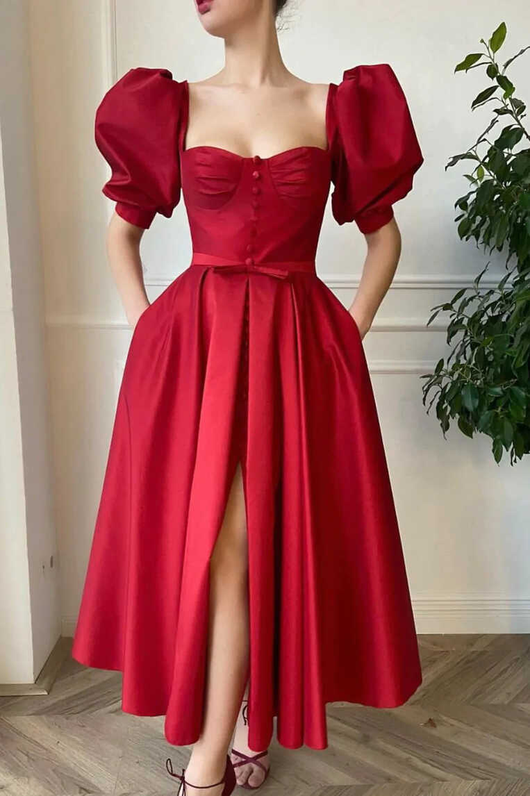 Red Satin Short Prom Dress, Cute Short Sleeve Party Dress with Slit