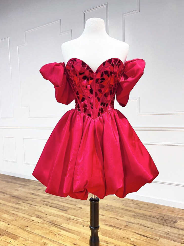 Red Satin Short Prom Dresses, Cute Short Red Homecoming Dress ...