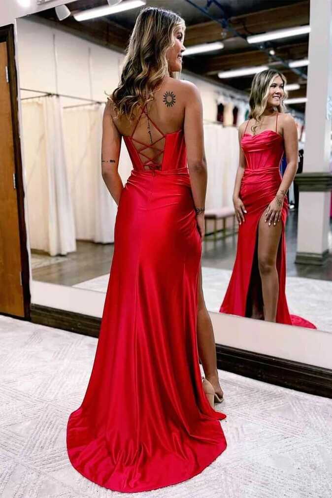 Red Satin Spaghetti Straps Prom Dresses With Slit MP787 | Musebridals