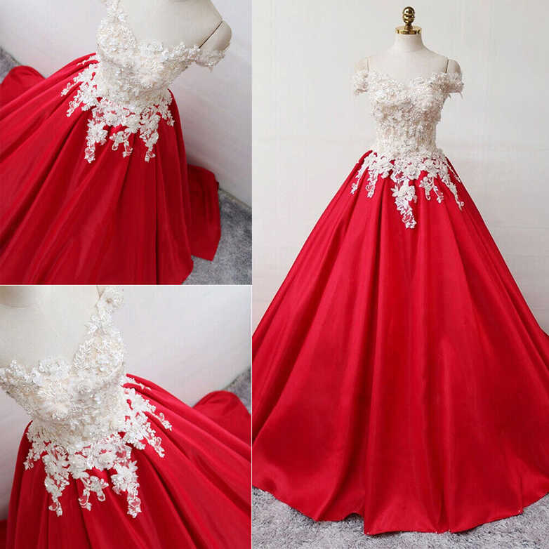 Red Satin Wedding Dresses Off the Shoulder White Lace Appliques ...