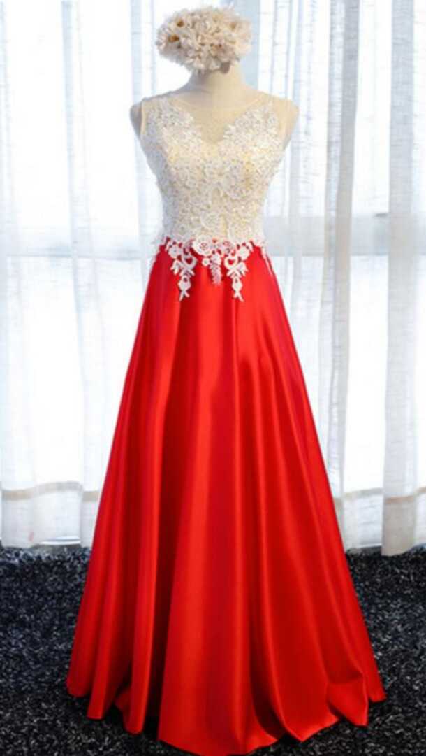 Red Satin White Lace Bodice Long Party Dresses, Formal Dresses ...