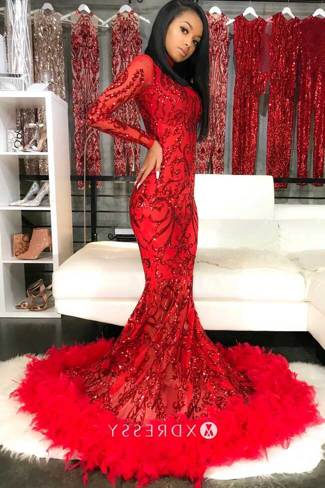 Red Sequin &amp; Feather Black Girl Mermaid Prom Dress - Xdressy