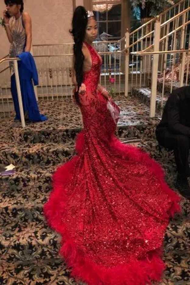 Red Sequin Halter Feather Train Mermaid Prom Dress - Promfy