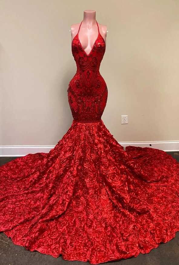 Red Sequin Halter Red Fishtail Prom Dress With Backless Design ...