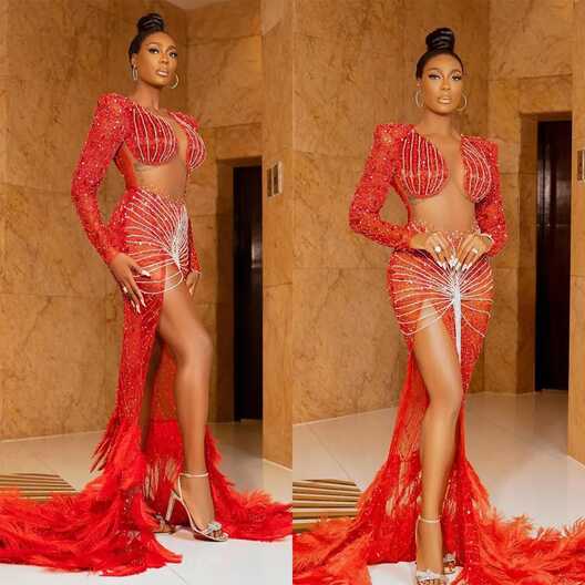 Red Sequin Mermaid Evening Gown With V Neckline, Side Split, And ...