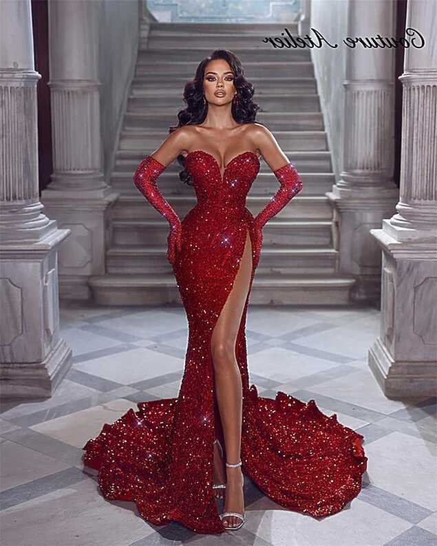 Red Sequin Prom Dresses 2024 With Gloves Sweetheart Luxury ...