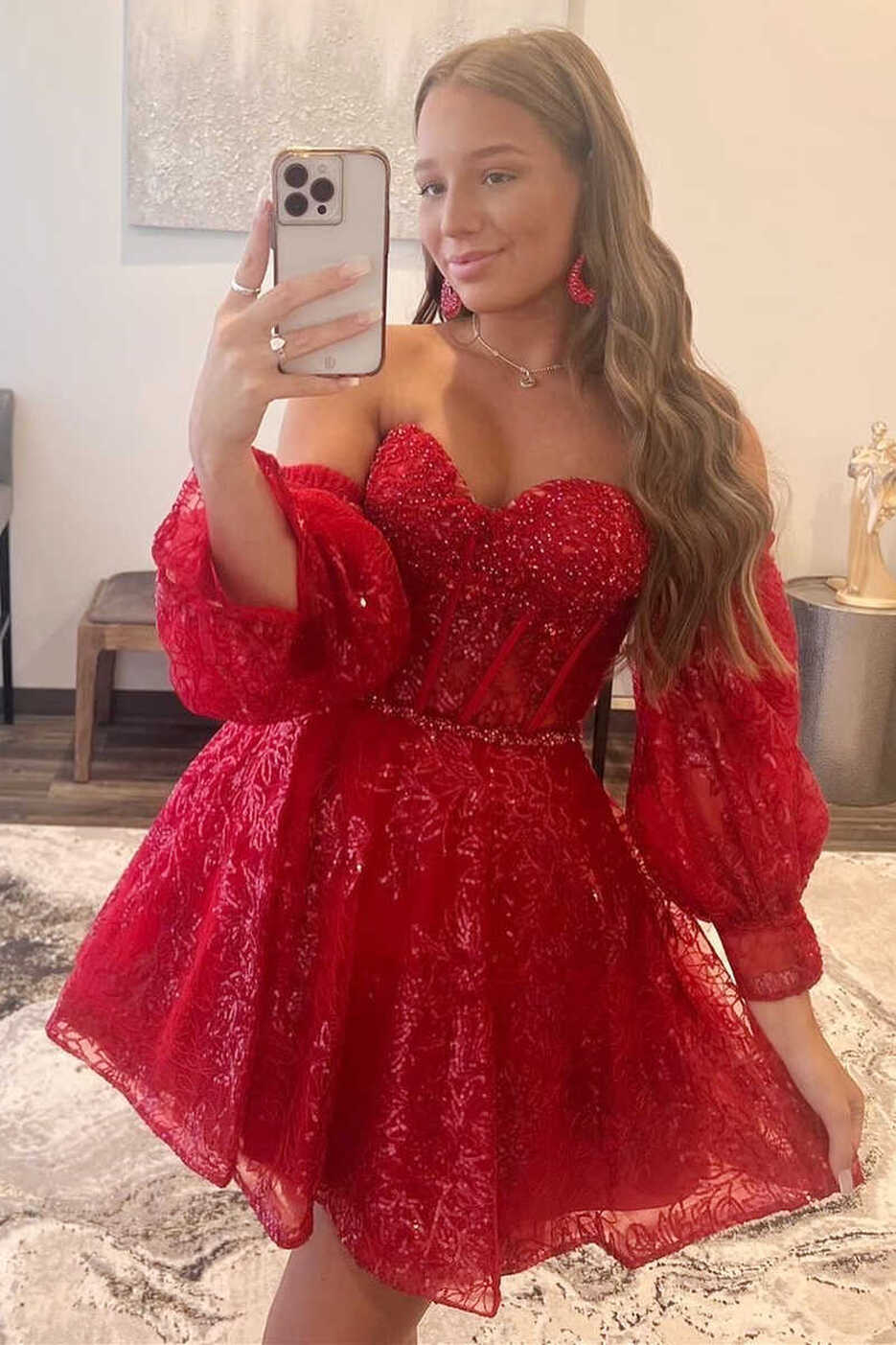 Red Sequin Strapless Short Party Dress with Removable Sleeves ...