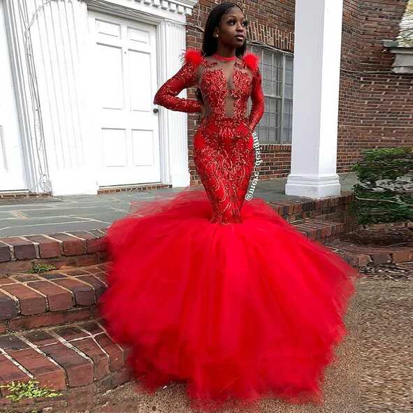 Red Sequined Black Girl Mermaid Prom Dresses With Feather Long ...