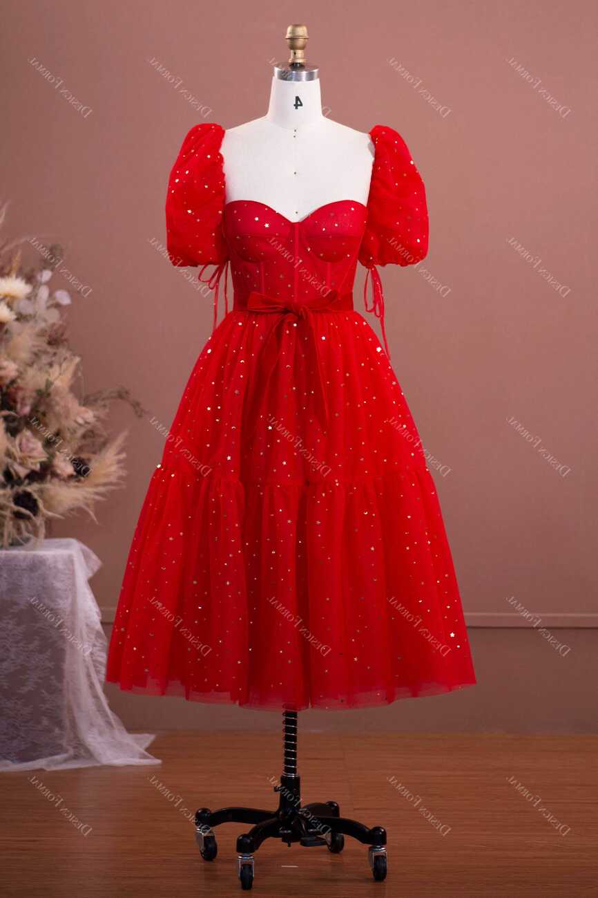 Red Sequined Tulle Puff Sleeve Corset Short Prom Dress