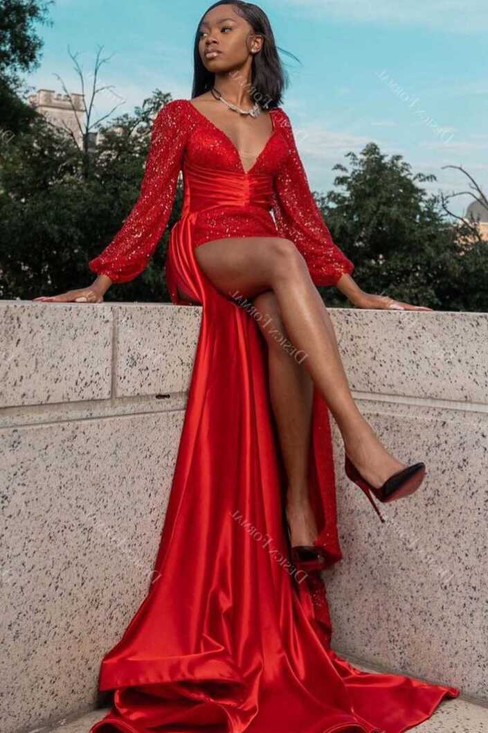 Red Sequined V-neck Long Sleeve Crafted Satin Slit Prom Dress