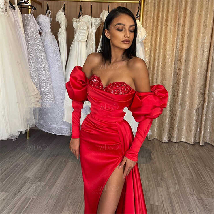 Red Sequins Chest Design Evening Dress Puffy Sleeve Mermaid ...