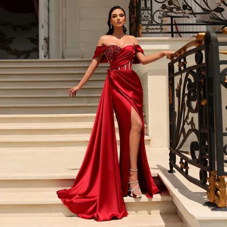 Red Sexy Prom Gowns Lace Appliques High Slit Evening Dresses ...