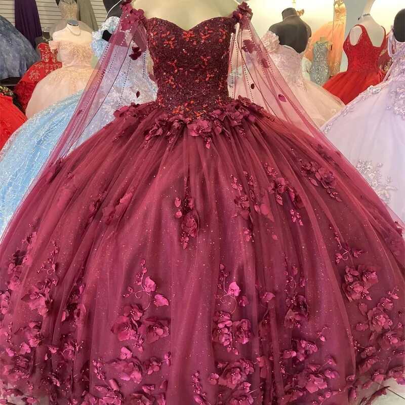 Red Shiny Ball Gown Quinceanera Dress With Cape Sleeves Beaded ...