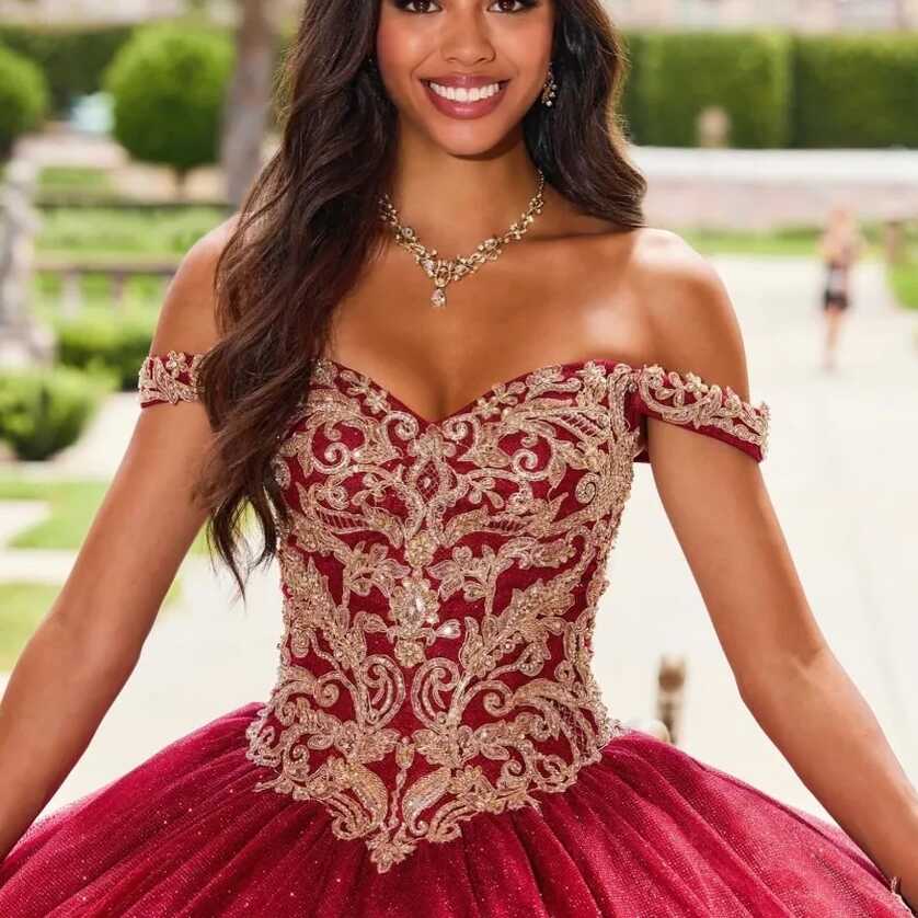 Red Shiny Quinceanera Dresses For 16 Girl Gold Appliques Lace ...