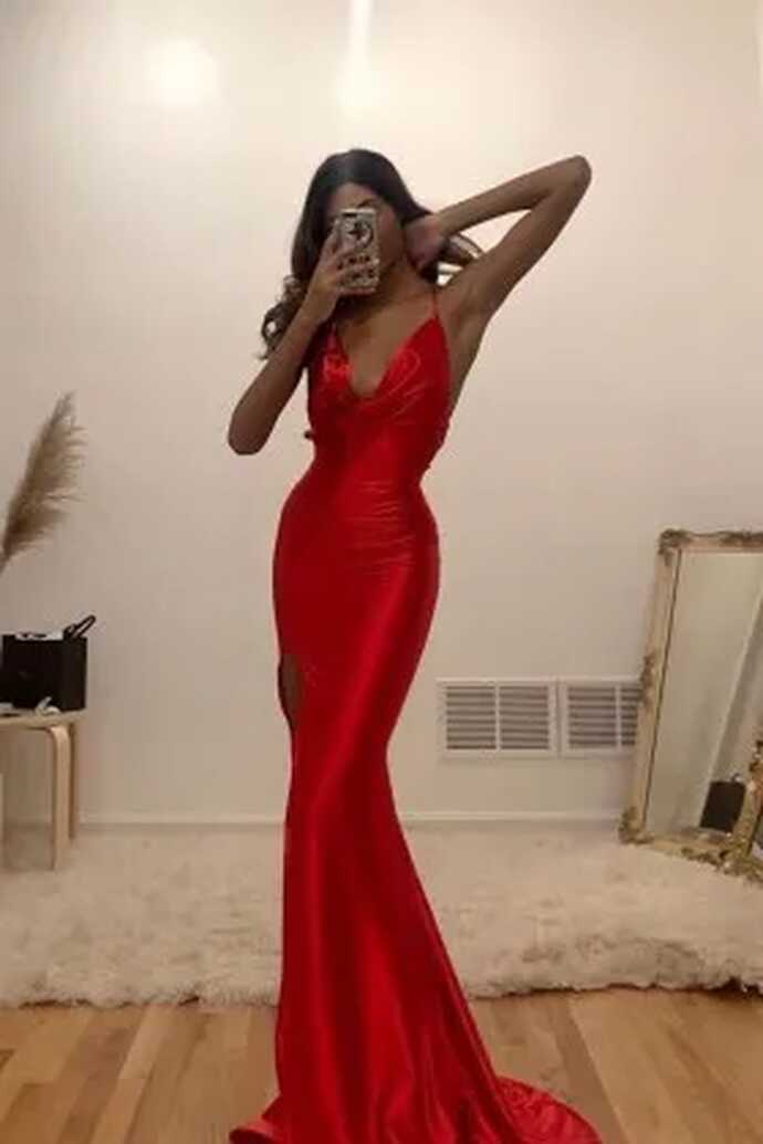 Red Shiny Satin Cowl Neck Mermaid Long Prom Dress - Promfy