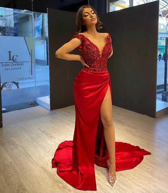 Red Shoulder Prom Dress Satin | Long Elegant Red Prom Dress | Red ...