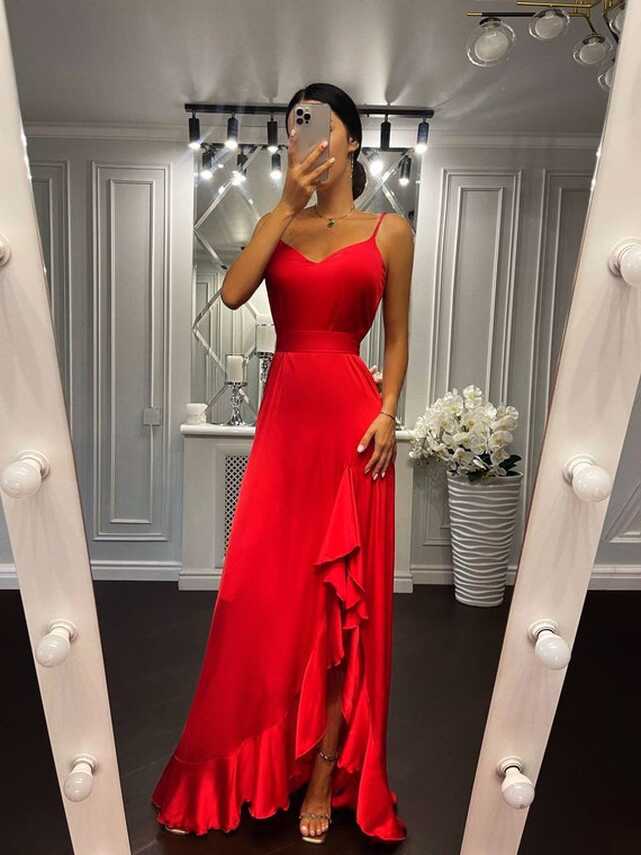 Red Silk Maxi Dress With Side Ruffle Slit, Red Silk Slip Dress ...