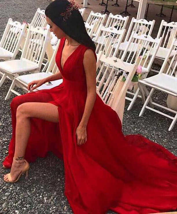 Red Split Prom Dresses,V Neck Chiffon Evening Dresses, Sexy Party ...