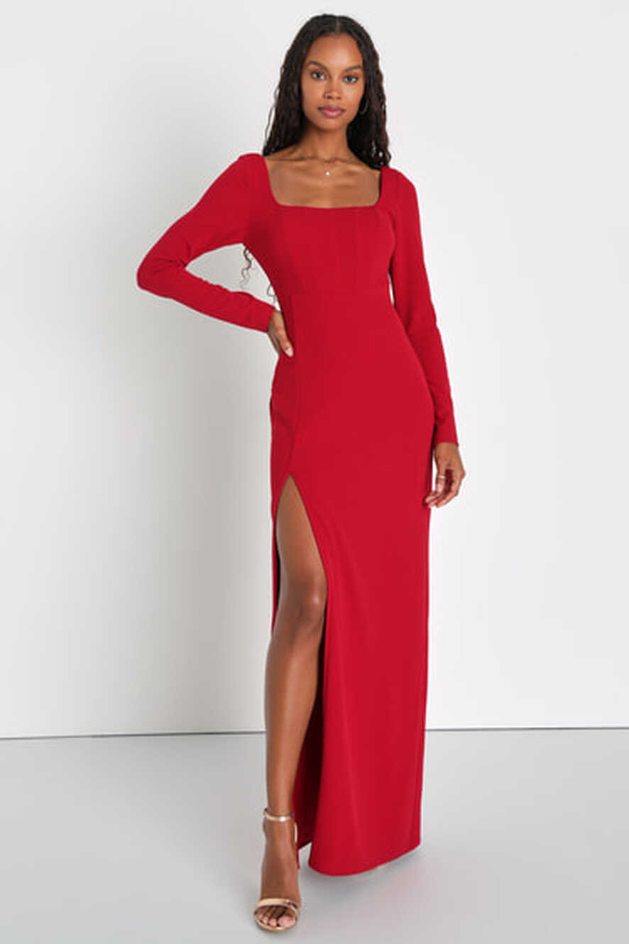 Red Square Neck Dress - Long Sleeve Dress - Corset Maxi Dress - Lulus