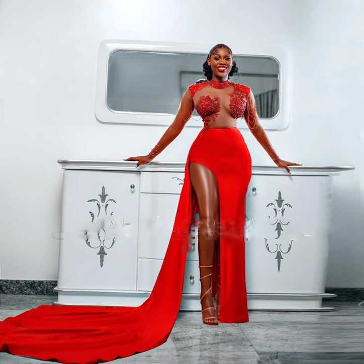 Red Straight Sexy Long Prom Gowns For Black Girls Illusion Beaded ...